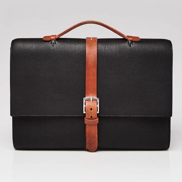 Hermes 38cm Black Fjord Leather Palladium Plated Etriviere Meeting Briefcase Bag - Picture 1 of 6